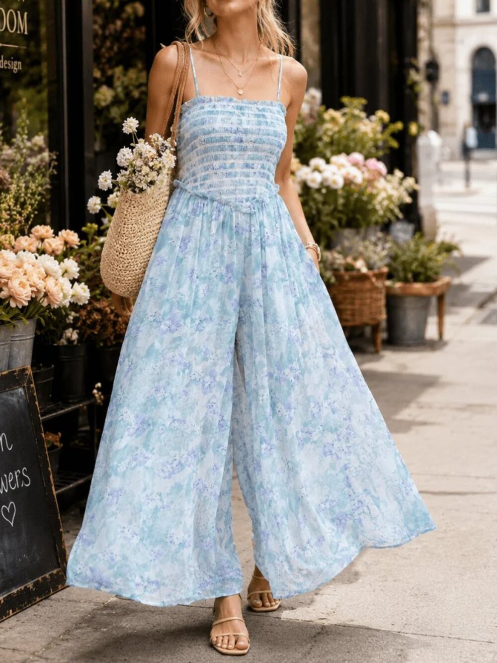 Jacqui E NWT Blue Floral Wide Leg Palazzo Jumpsuit Smocked Waist Tie‎